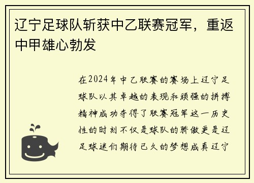辽宁足球队斩获中乙联赛冠军，重返中甲雄心勃发